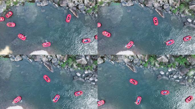 漂流戏水激情船皮划艇峡谷流俯航拍团队群体