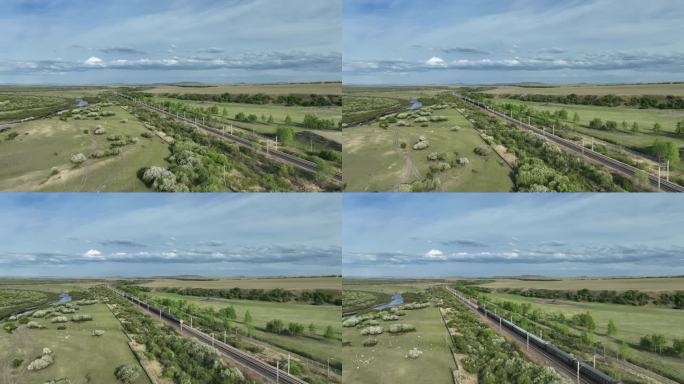 海拉尔河湿地驶过的绿皮火车