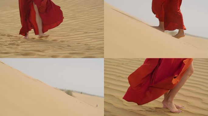 沙漠 红裙 脚 腿 行走在沙漠 特写