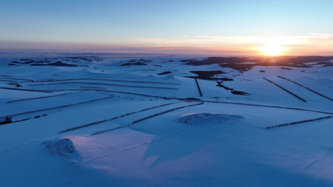 航拍高寒山地雪野暮色