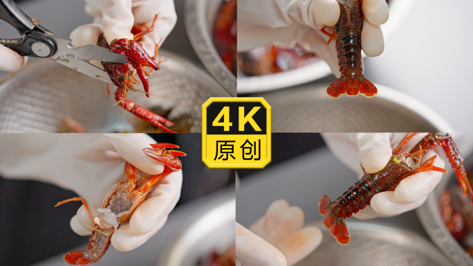 处理小龙虾去虾线清理龙虾剪虾头去虾腮4K
