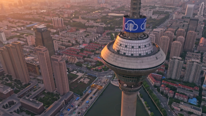 天津地标天塔大气航拍延时城市宣传夕阳朝阳