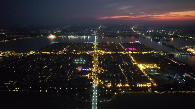 山东聊城城市夜景灯光航拍