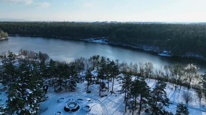 航拍下雪后的公园早餐阳光清新东北城镇4K