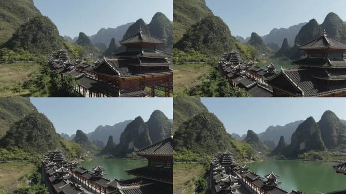 航拍广西凌云浩坤湖壮族风雨桥少数民族建筑