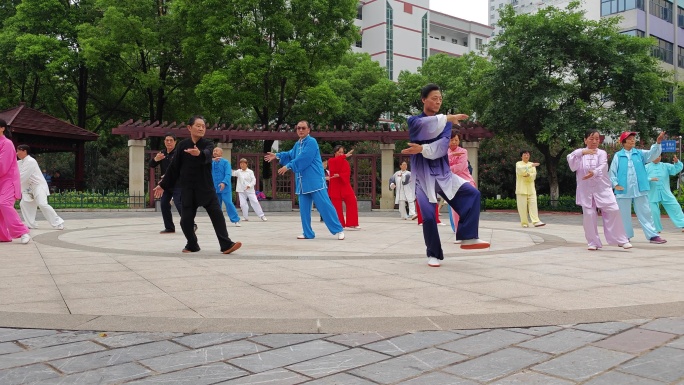 荆门浏河园休闲广场晨练的老人