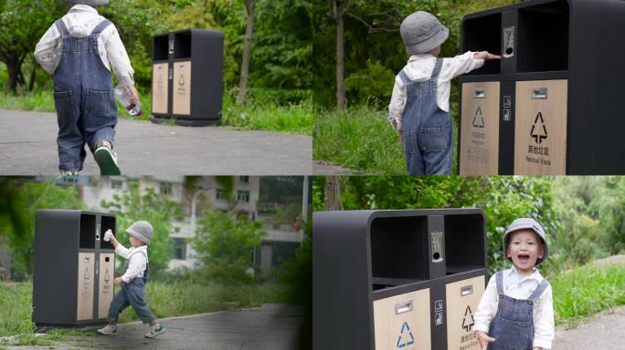 小孩环保-小孩捡起垃圾扔进垃圾桶保护环境