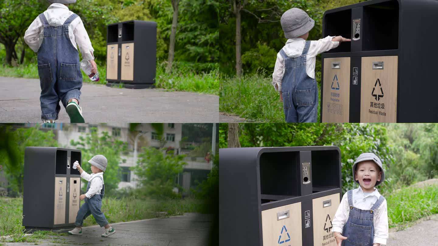 小孩环保-小孩捡起垃圾扔进垃圾桶保护环境