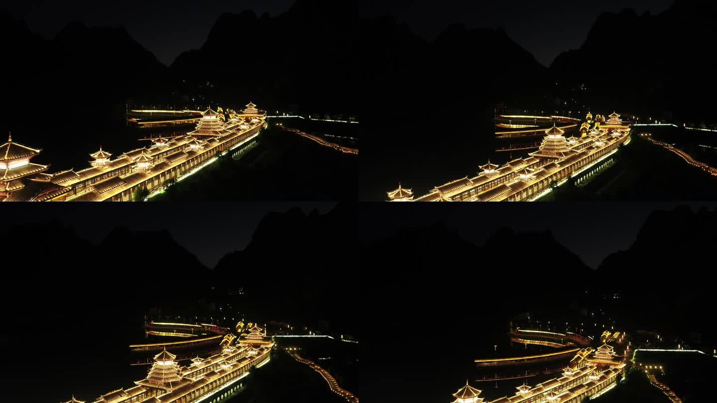 广西凌云浩坤湖壮族风雨桥金碧辉煌夜景航拍