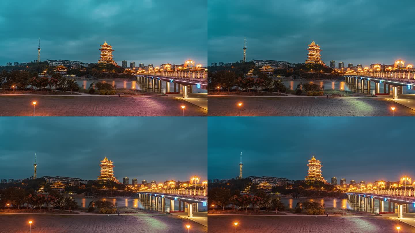 绵阳沱江越王楼夜景延时摄影