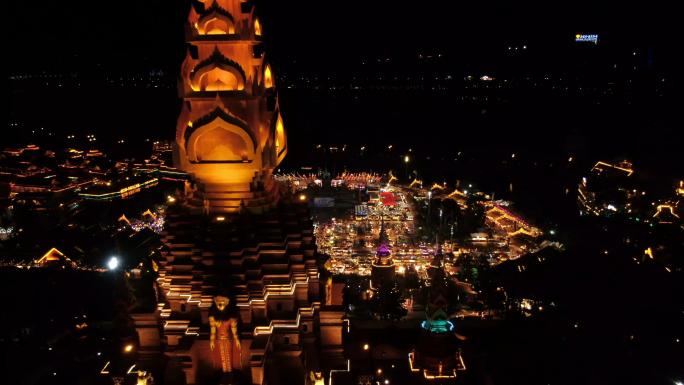 航拍城市美食广场人群夜景