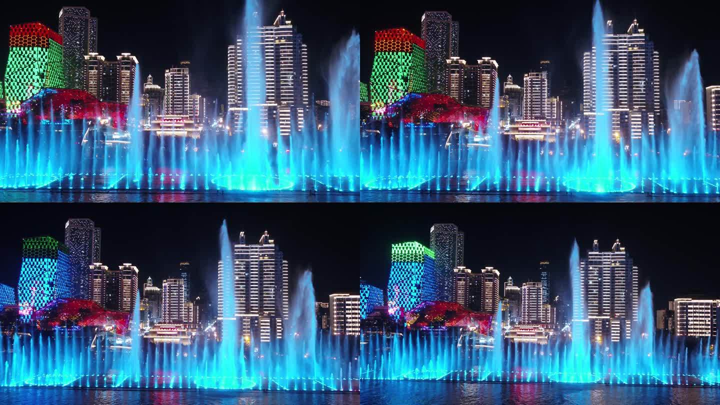 广西柳州柳江夜景音乐喷泉旅游景观航拍