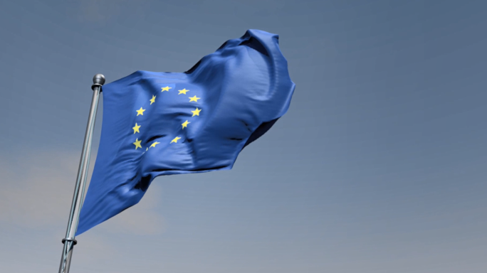 欧盟旗帜+欧洲理事会旗飘扬
