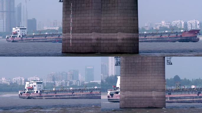 武汉长江大桥下过桥的货船 中景近景组镜