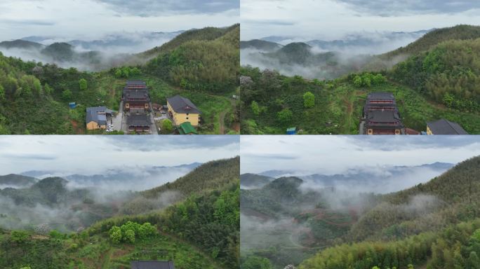 航拍浙江春天山区云雾寺庙佛教竹林竹山竹海