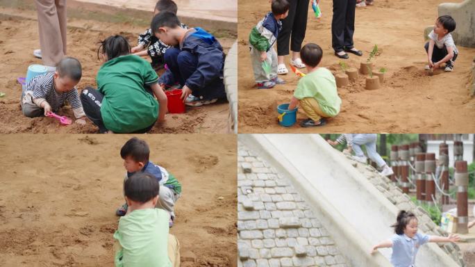 一群儿童孩子玩沙子城堡攀爬滑梯小孩
