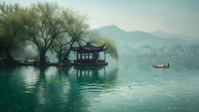 中国风西湖边中式凉亭(有柳叶飘落)