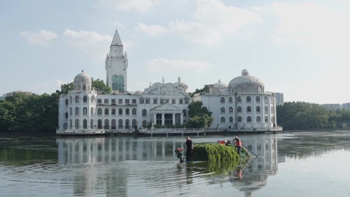 广州流花湖公园白色宫殿城市旅拍打捞水草