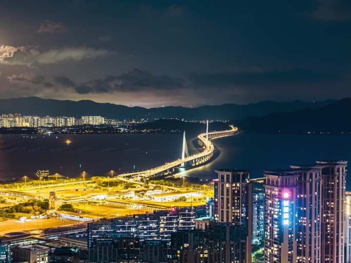 深圳湾大桥夜景航拍延时摄影