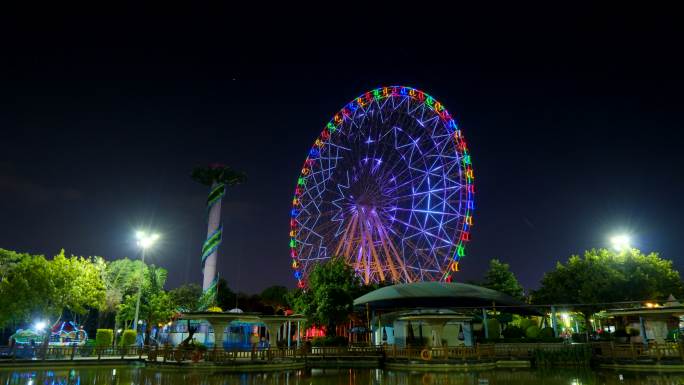 摩天轮游乐场夜景 彩灯霓虹灯闪烁