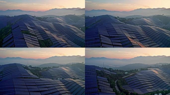 云雾缭绕的群山光伏太阳能电池板
