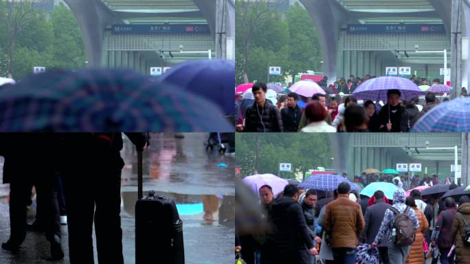 雨天武汉光谷广场地铁站乘客人流雨景