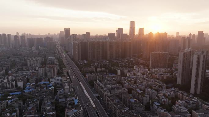 夏日黎明航拍成都市风景日出景观