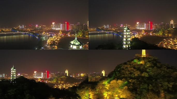 广西柳州柳江蟠龙山公园百里柳江夜景航拍