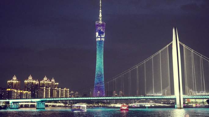 4K傍晚的珠江夜游两岸景观广州塔猎德桥