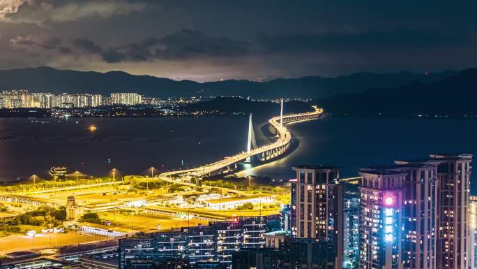 深圳湾大桥夜景航拍延时摄影