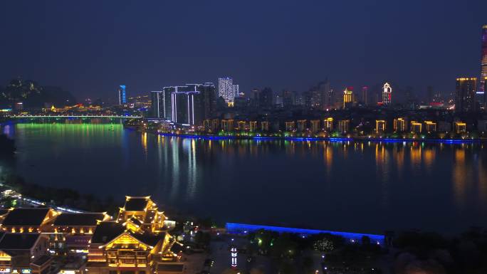 广西柳州柳江城市景观百里柳江夜景航拍