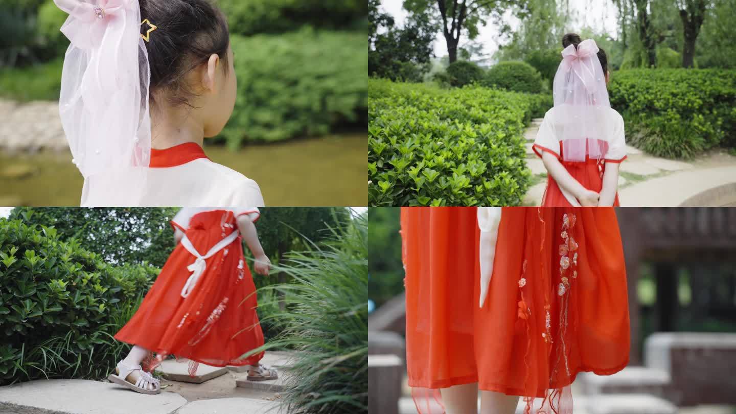 中式汉服国风裙子女孩儿童孩子游园背影唯美