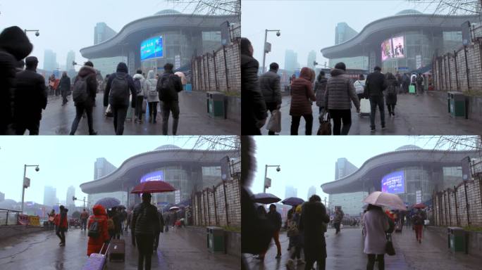武汉火车站雨天旅客人流 加速