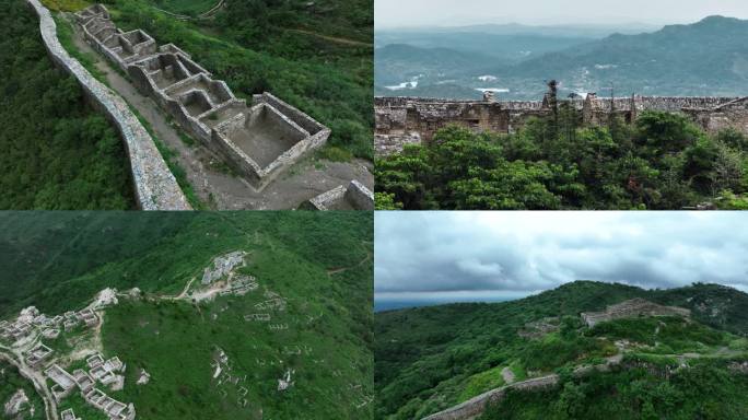 航拍龙王尖山顶石头城墙村庄遗址