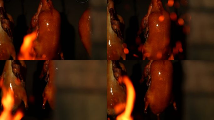 鸭子在烤鸭炉中烤制的过程