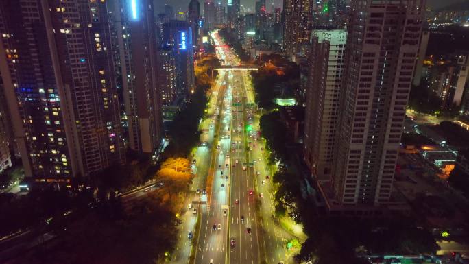 航拍深圳福田夜晚车水马龙滨河大道车流