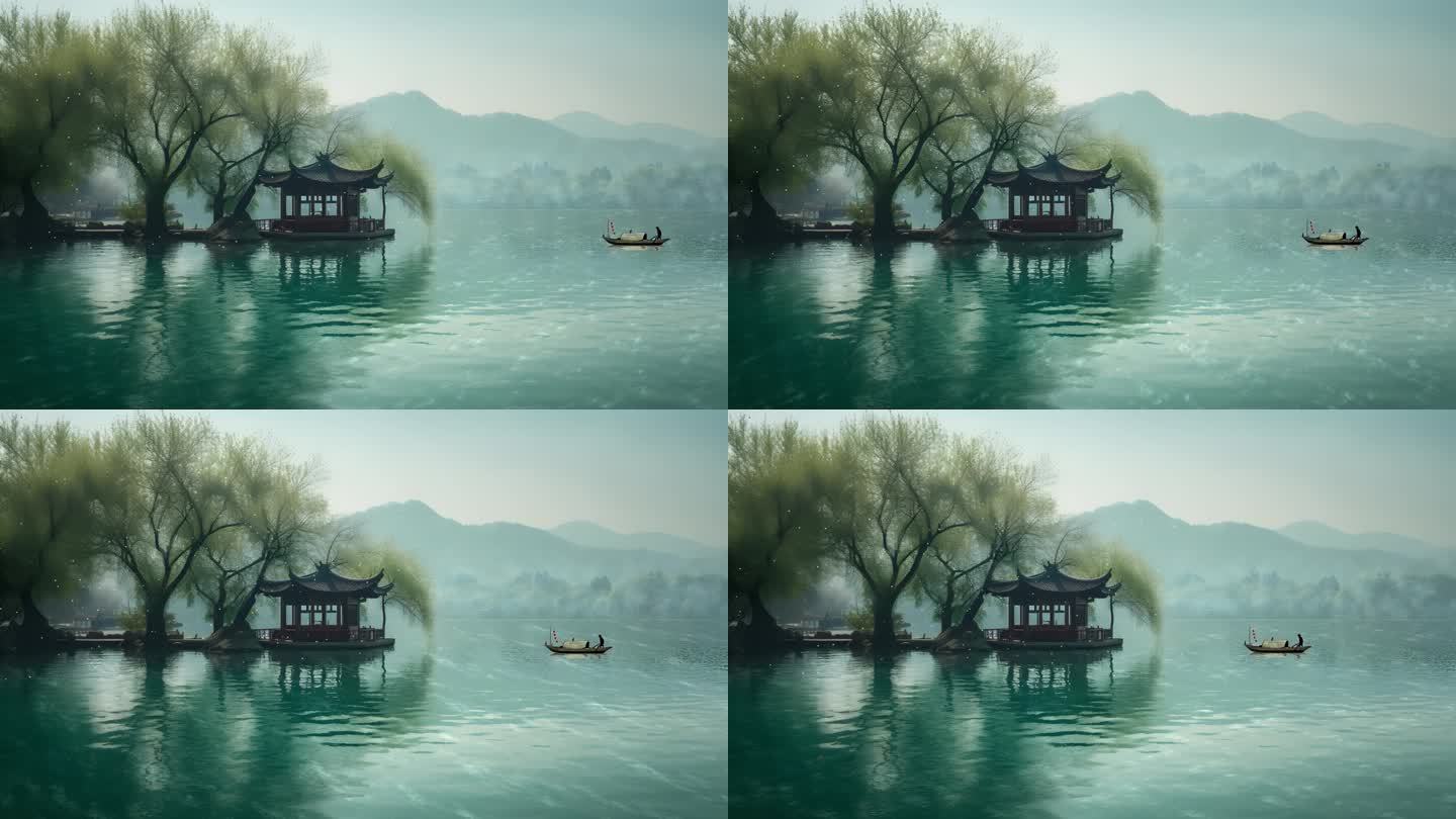 中国风西湖边中式凉亭(无柳叶飘落)