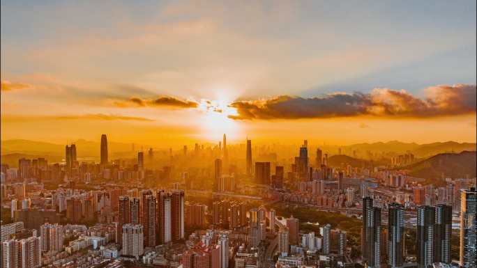 深圳罗湖笋岗城市夕阳大景航拍延时