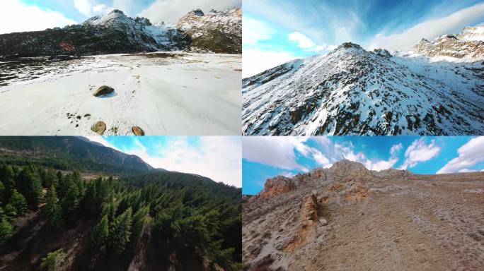 川西甘孜地貌雪山丛林石滩峡谷穿越机航拍