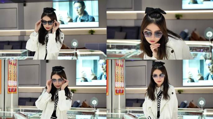 女孩逛眼镜店购买眼镜时尚太阳镜年轻女性