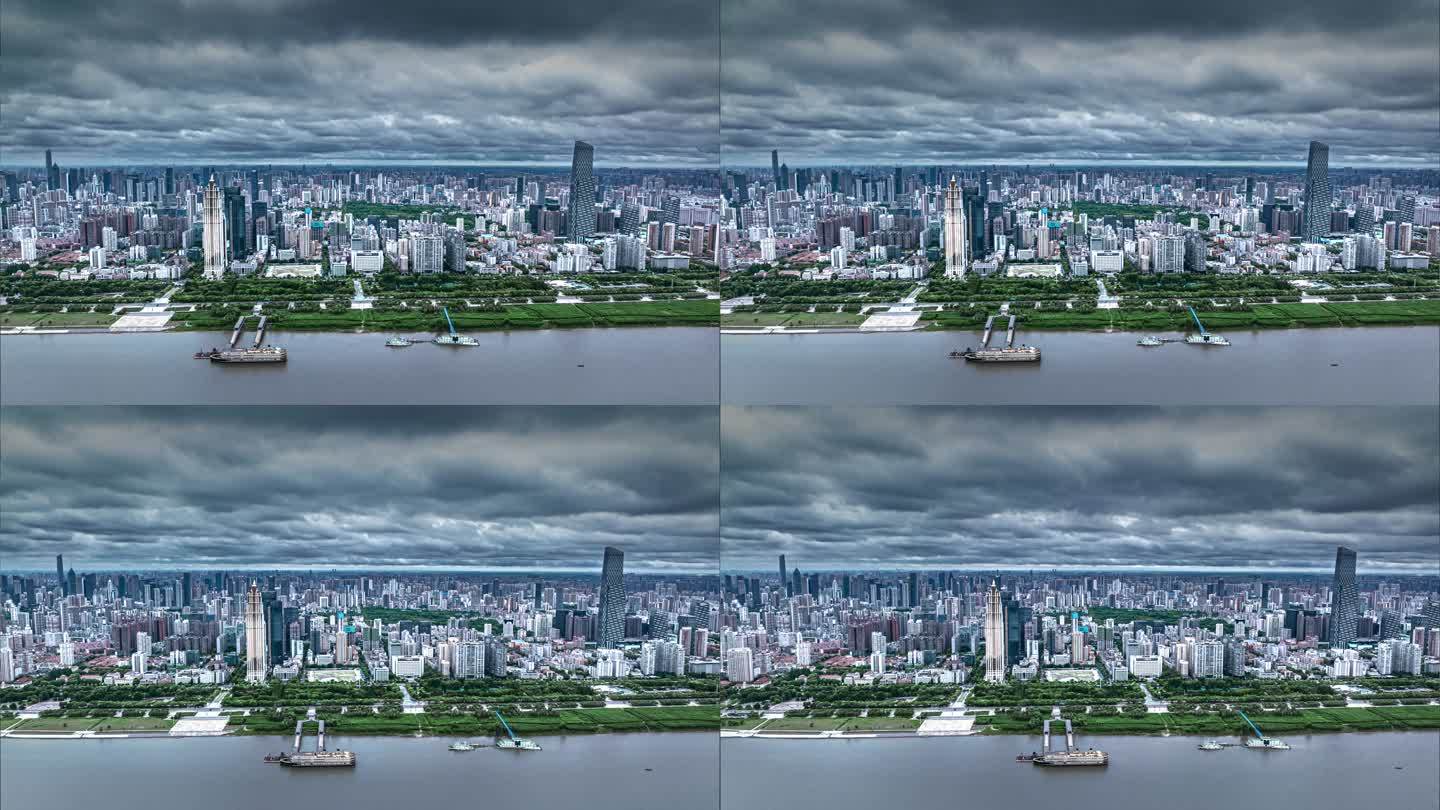 武汉汉口江滩全景航拍延时低空云高能见度