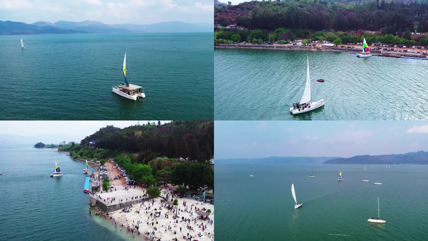 抚仙湖沿岸景点帆船航拍4K50帧素材