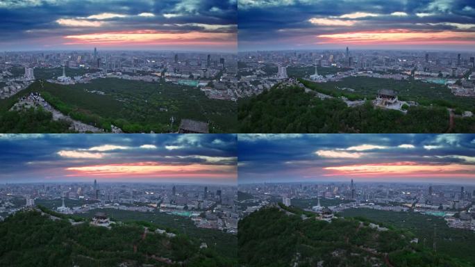 航拍济南千佛山城市日落夕阳