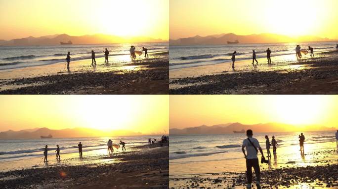 L海边金色夕阳黄昏 金色海洋海滩
