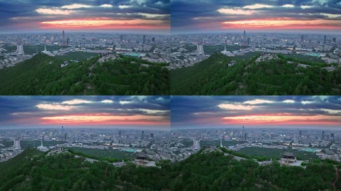 航拍济南千佛山城市日落夕阳