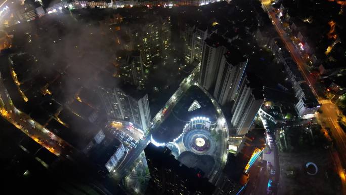 航拍雨后小城夜色