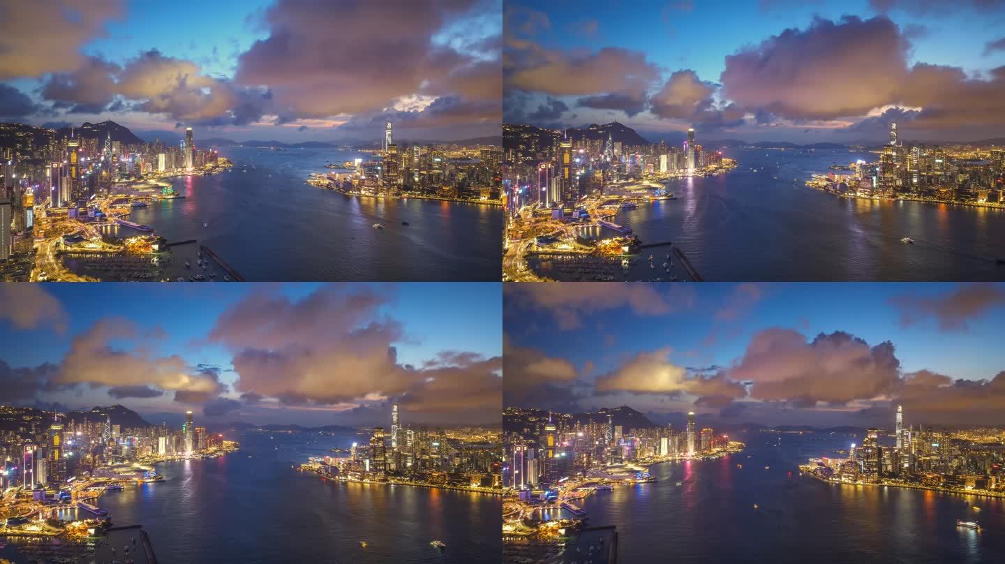 香港航拍城市夜景延时摄影