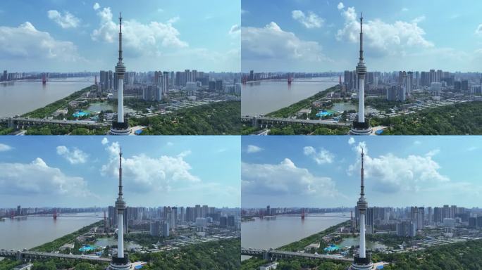 航拍武汉城市地标电视塔长江江景