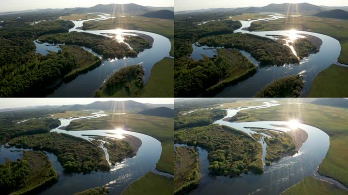 内蒙古草原湿地河流航拍