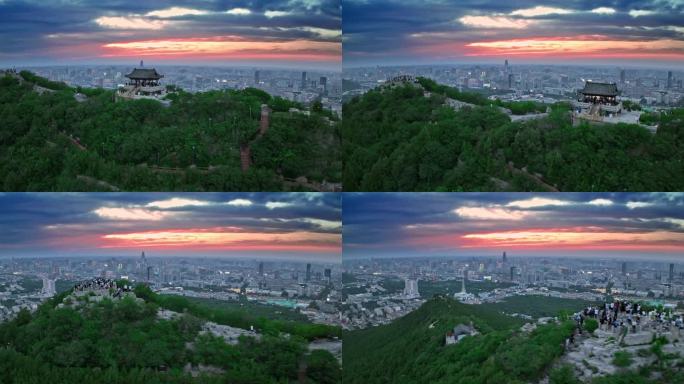 航拍济南千佛山城市日落夕阳